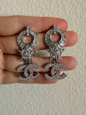 Chanel Crystal-Embellished Double Drop CC Earrings Silver Tone